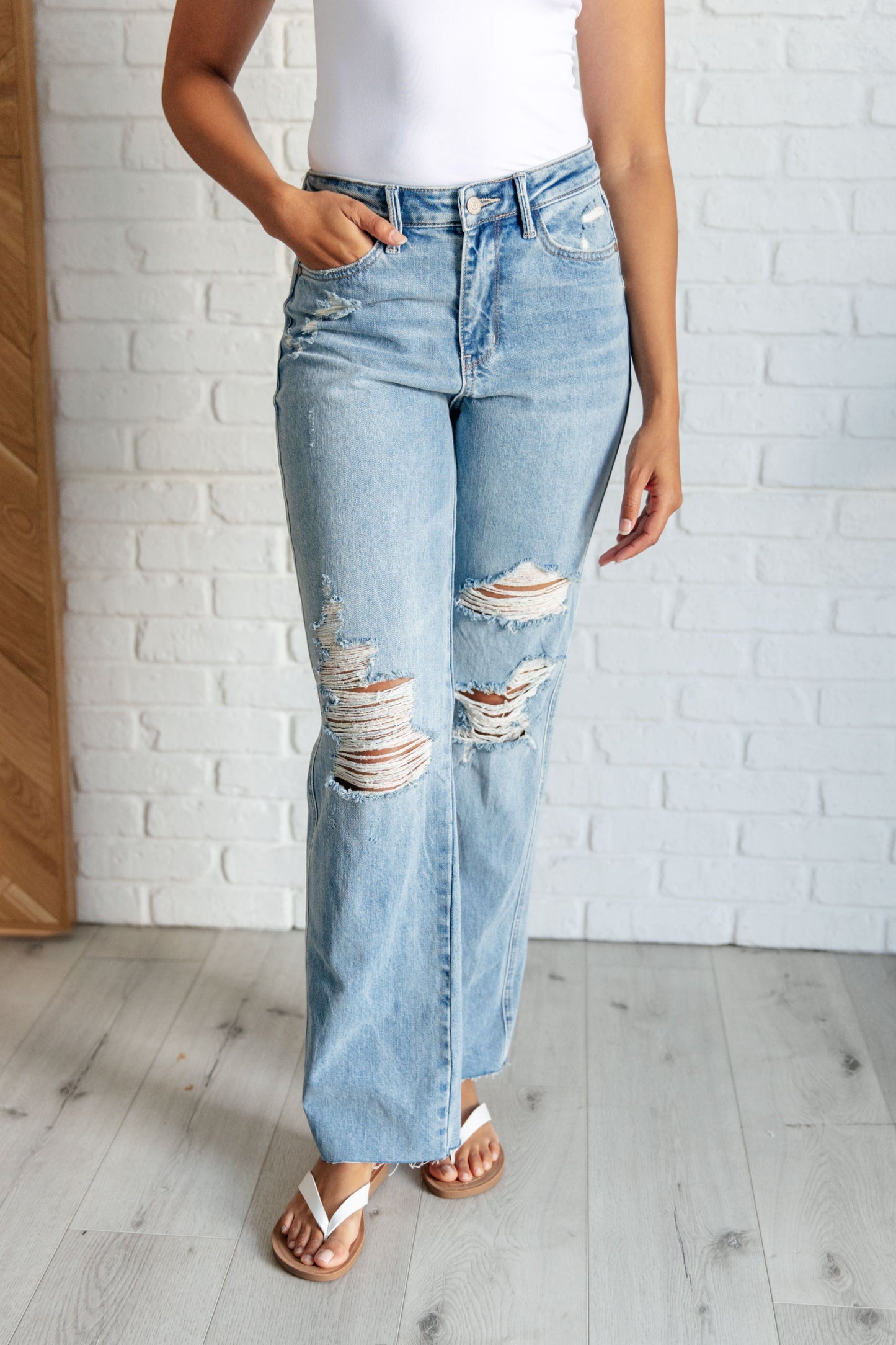 Judy Blue ~ Ramona High Rise Rigid Magic Destroyed Straight Jeans