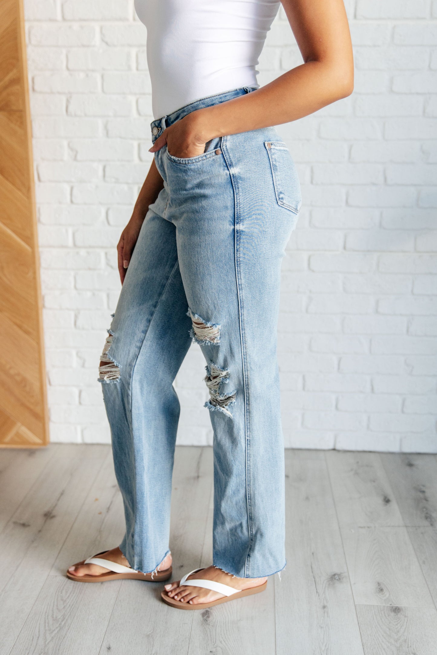 Judy Blue ~ Ramona High Rise Rigid Magic Destroyed Straight Jeans