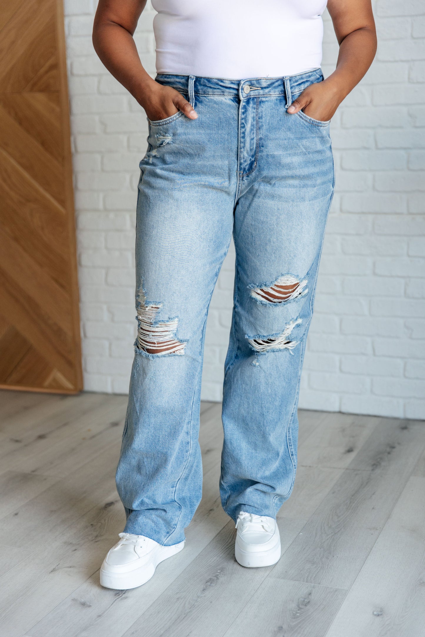 Judy Blue ~ Ramona High Rise Rigid Magic Destroyed Straight Jeans