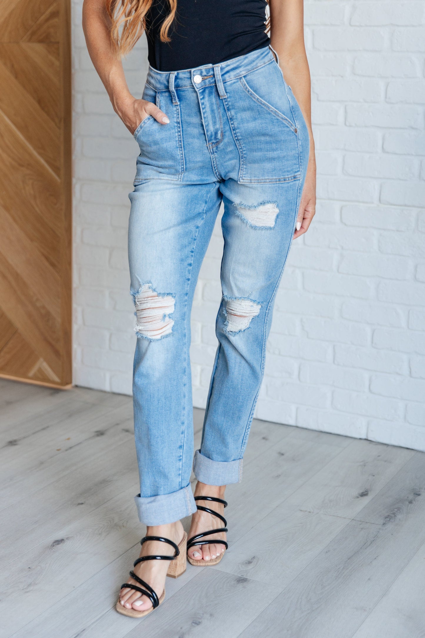 Judy Blue ~ Aiden High Rise Patch Pocket Distressed Boyfriend Jeans