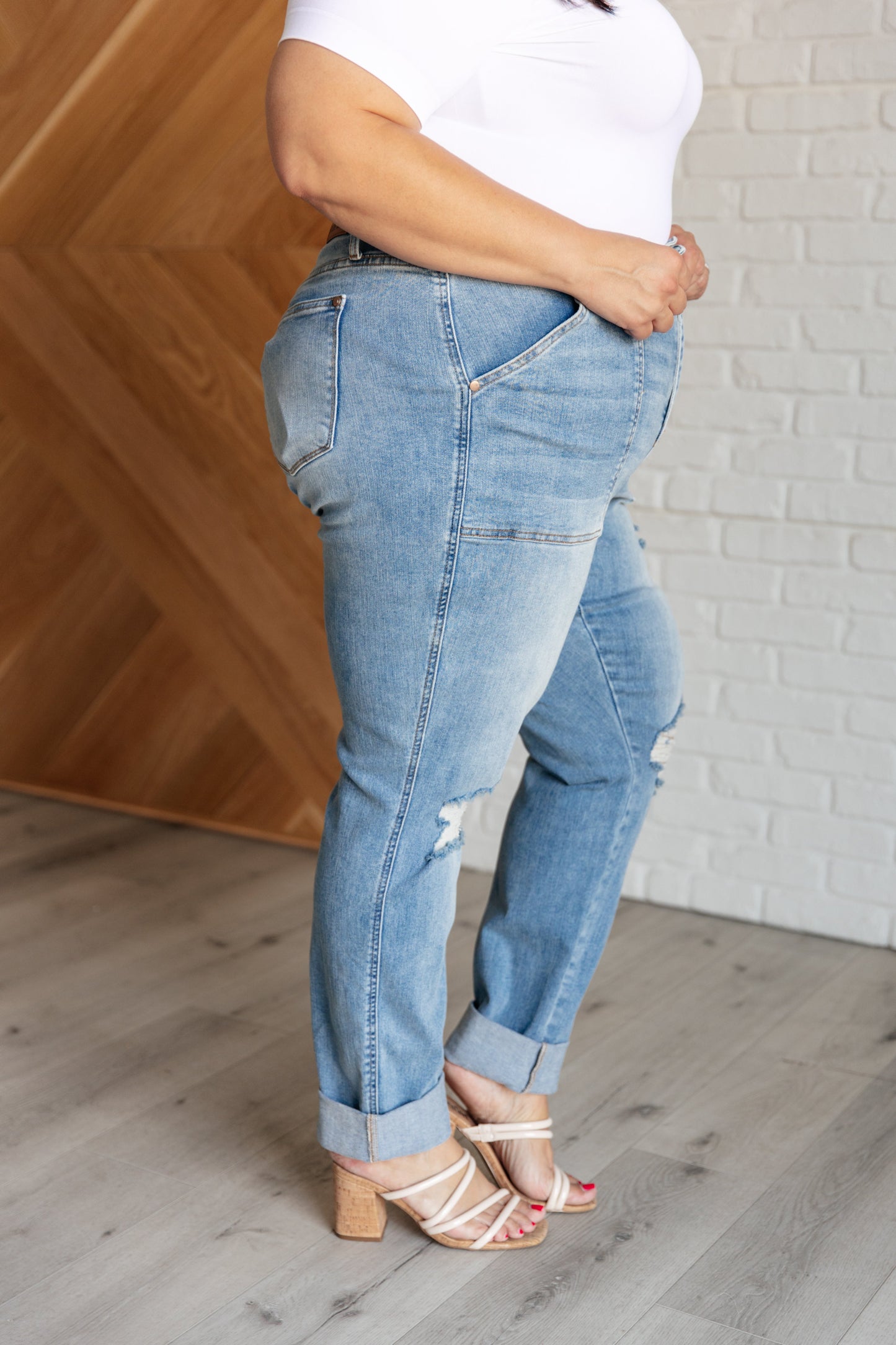 Judy Blue ~ Aiden High Rise Patch Pocket Distressed Boyfriend Jeans