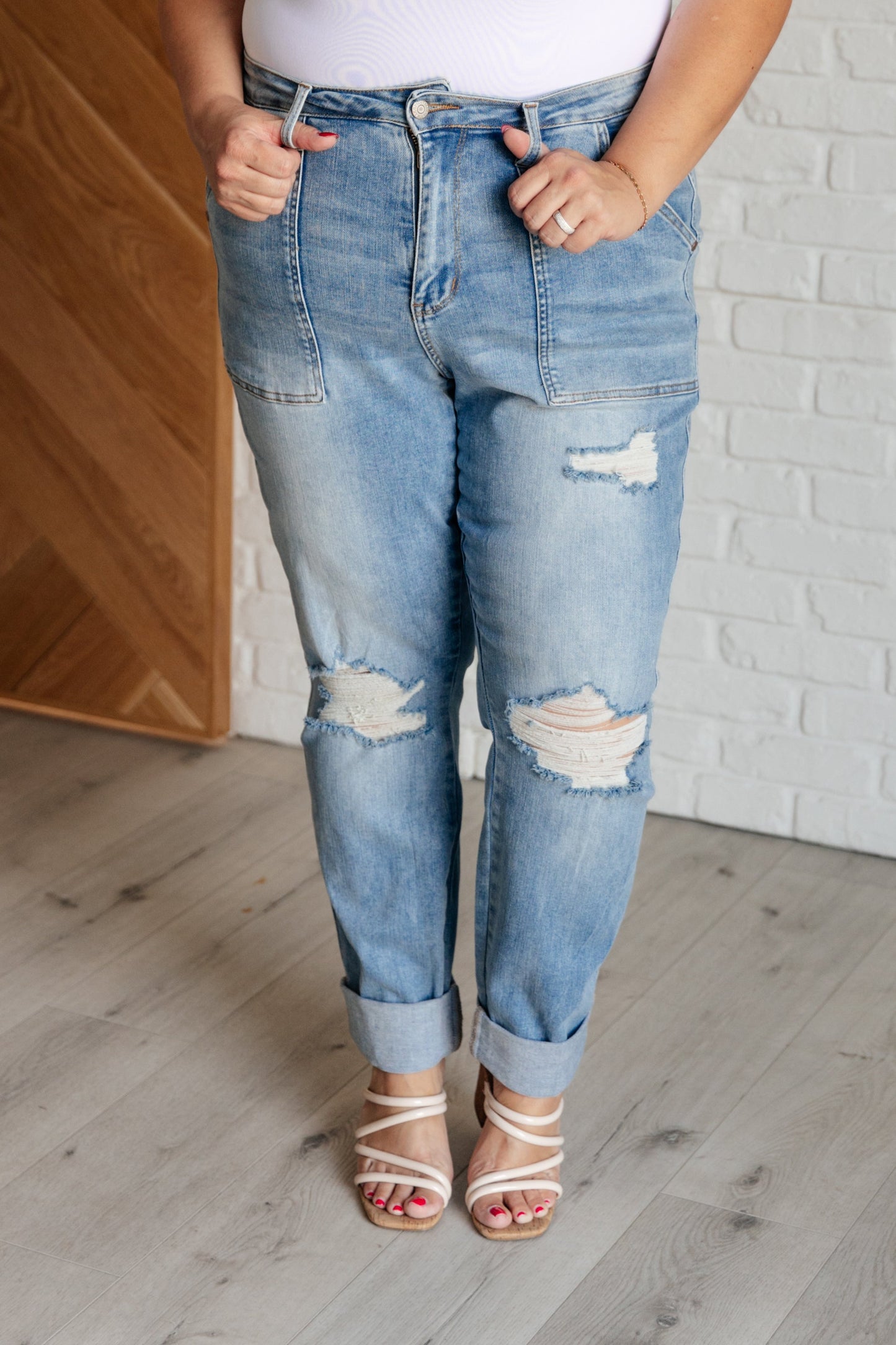 Judy Blue ~ Aiden High Rise Patch Pocket Distressed Boyfriend Jeans