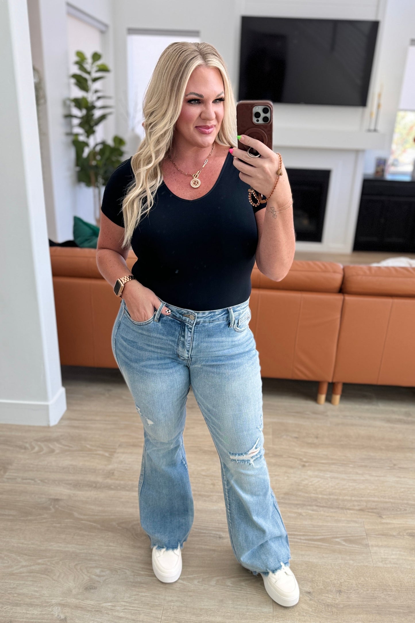 Judy Blue ~ Caroline Mid Rise Control Top Distressed Flare Jeans