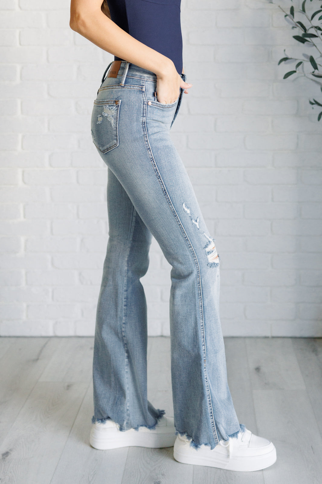 Judy Blue ~ Caroline Mid Rise Control Top Distressed Flare Jeans