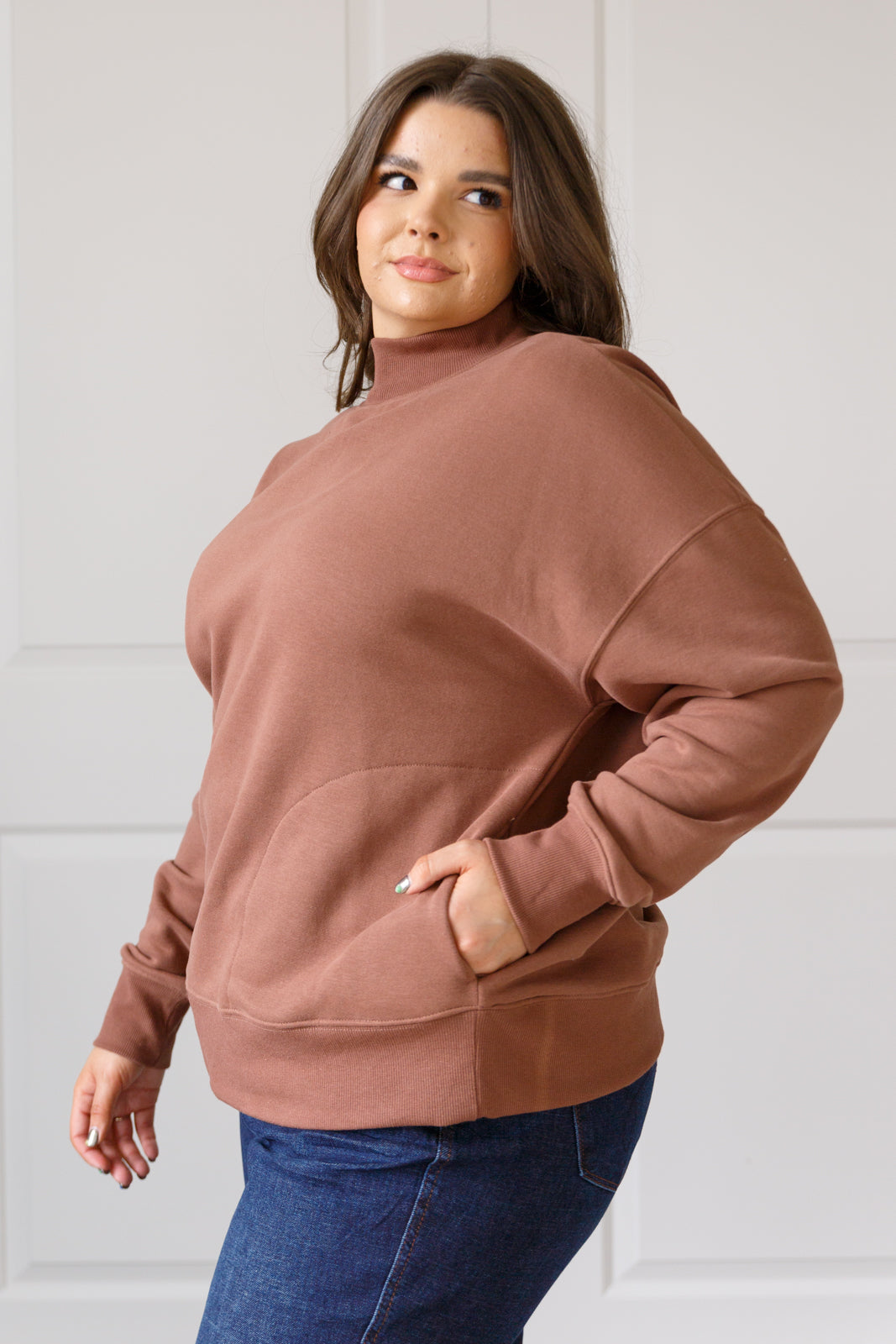 Make No Mistake Mock Neck Pullover Top in Cocoa