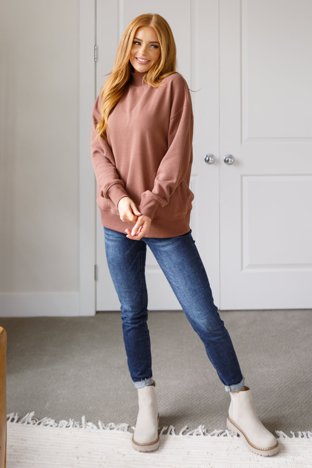 Make No Mistake Mock Neck Pullover Top in Cocoa