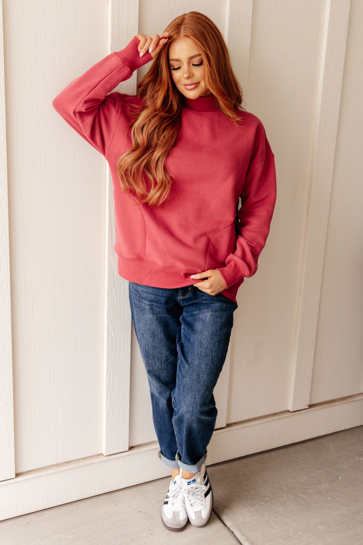 Make No Mistake Mock Neck Pullover Top in Cranberry