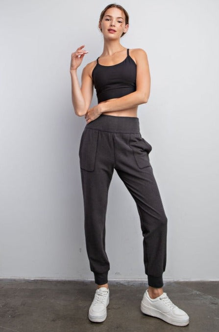 Rib Brushed Full Length Jogger Pant in Black