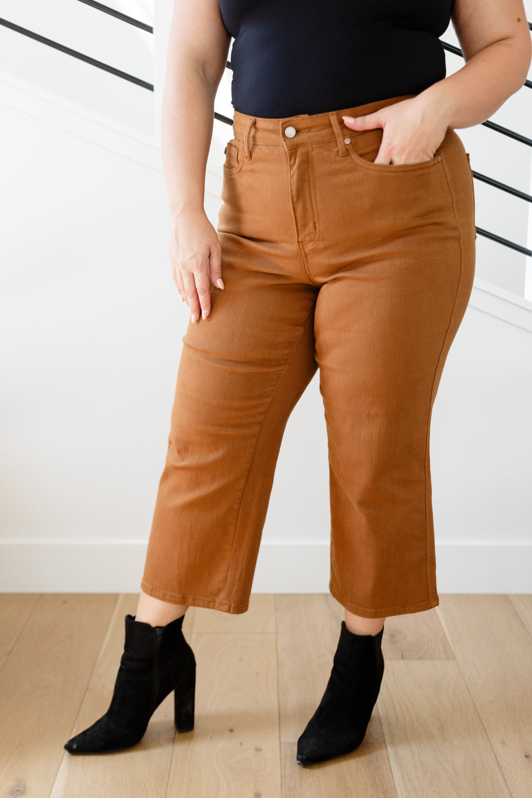 Judy Blue ~ Briar High Rise Control Top Wide Leg Crop Jeans in Camel