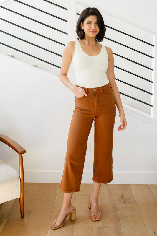 Judy Blue ~ Briar High Rise Control Top Wide Leg Crop Jeans in Camel