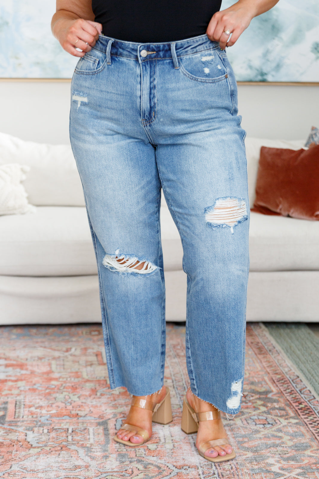 Judy Blue ~ Nora High Rise Rigid Magic Destroy Slim Straight Jeans